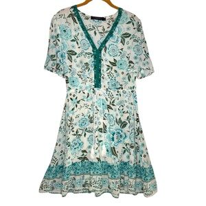 LEANI Blue & White Floral Tie Waist Flutter Sleeve Mini Dress | Size Med…